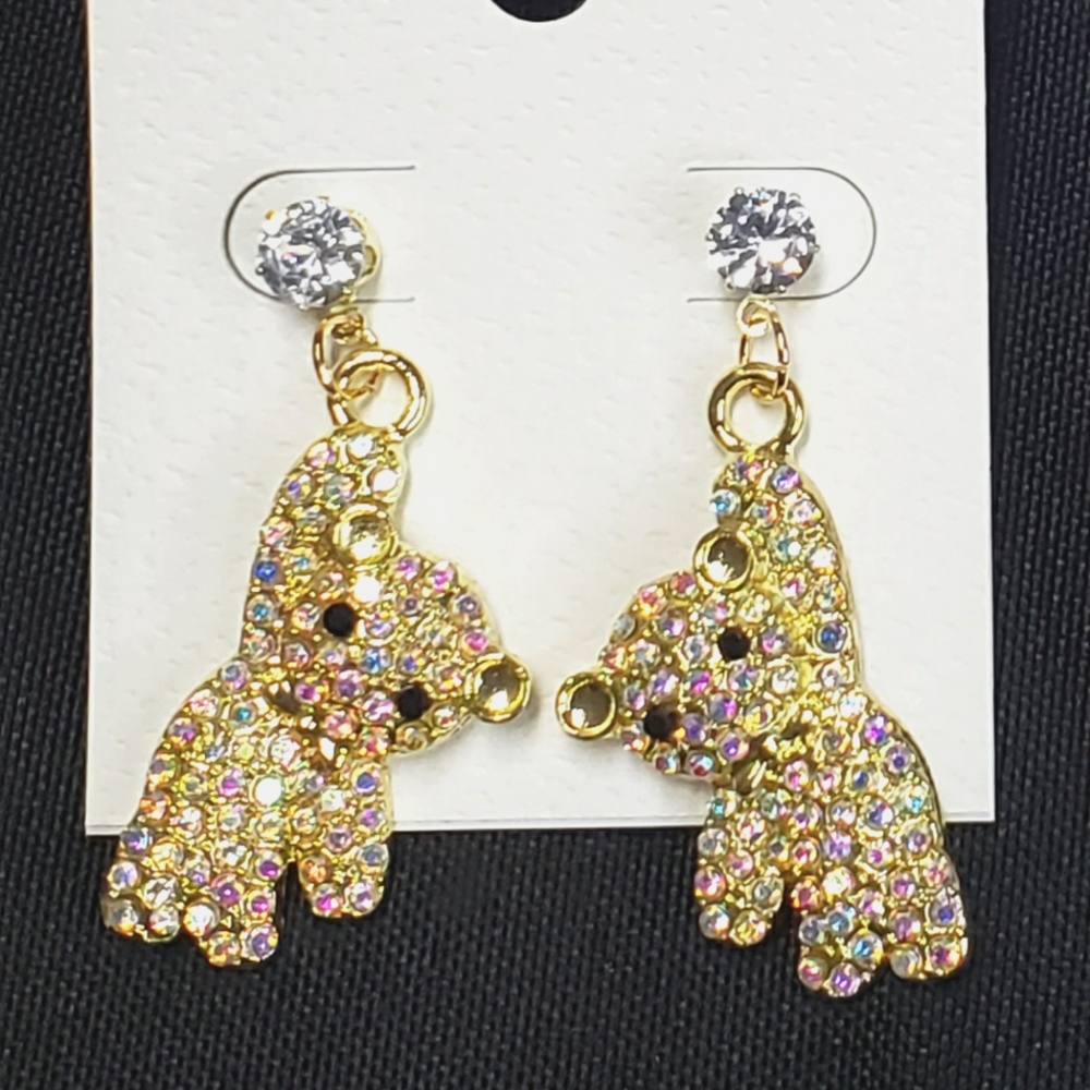 🧸 Adorable Goldtone Rhinestone Dangling Teddy Bear Pierced Earrings 🧸
